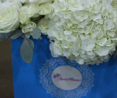 White Hydrangea and Rose Ensemble in Classic Paper Bag